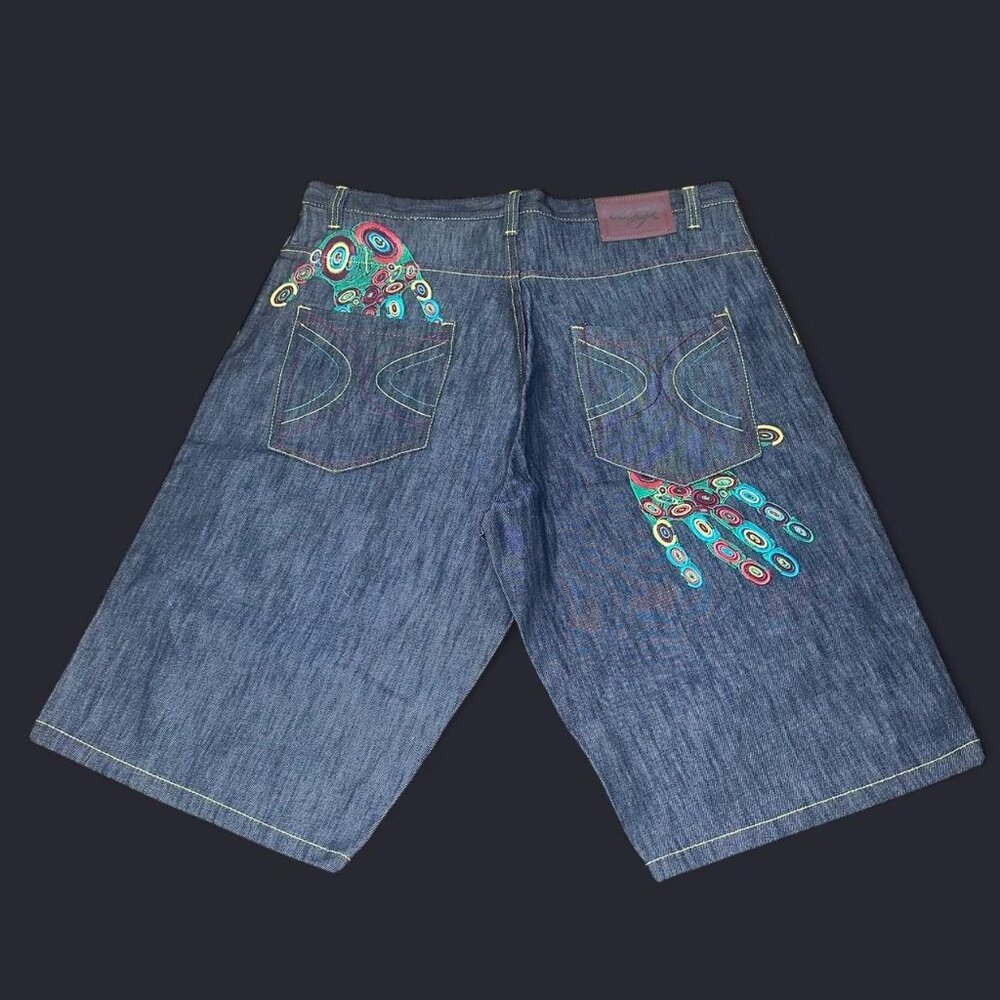 Dark Coogi “Hand in, hand out” pocket embroidery design jorts